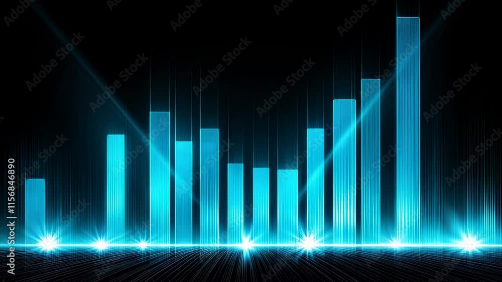 Poster glowing blue bar graph with futuristic light effects and dynamic visuals in dark background