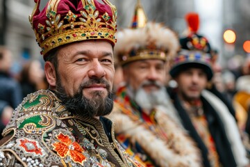 Fototapeta premium Three Kings Day.Portrait of a smiling participant in regal attire and ornate crown during a Three Kings Day celebration.