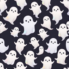Obraz premium Cute Ghostly Pattern: A charming Halloween-themed seamless pattern featuring adorable, friendly ghosts on a dark background. Perfect for textiles, wallpapers, and spooky-cute designs.