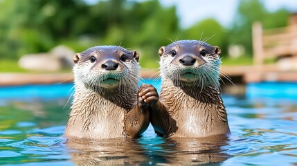 Two otters float in the water, gazing into the camera with a vibrant, green forest backdrop, ideal for wildlife, nature, and environmental projects.