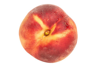 Ripe peach with water droplets on transparent background