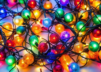 Aerial View of Colorful Christmas Lights String Decorations Isolated on White Background - Festive Holiday Illumination