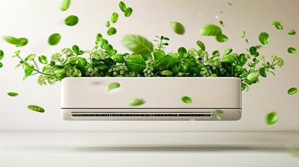 A creative concept of an AC unit with fresh green leaves, symbolizing eco-friendly and clean air innovation.