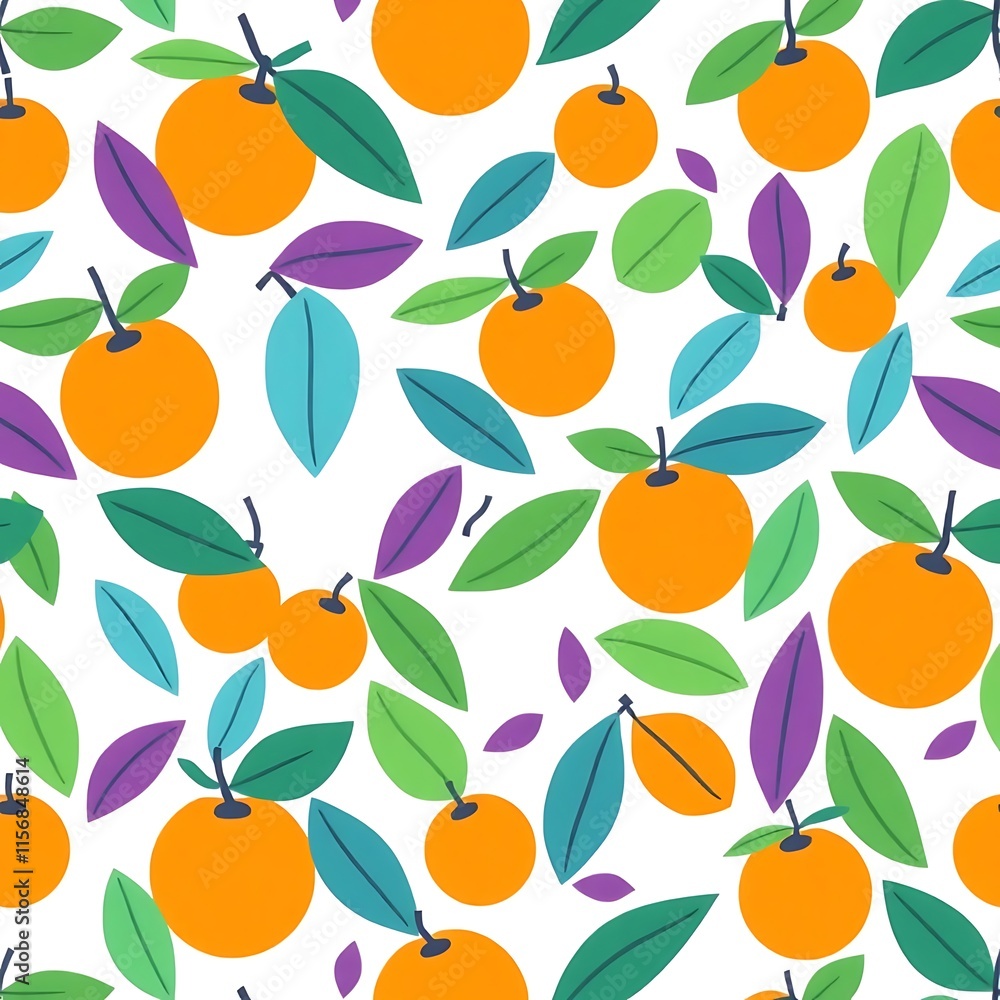 Poster citrus burst: a vibrant and playful seamless pattern featuring juicy oranges and colorful leaves. pe