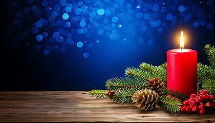 Christmas background - Red Advent candle with natural Xmas decoration, branches and pine con