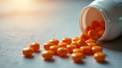 Yellow pills spill from an amber prescription bottle onto a white surface.