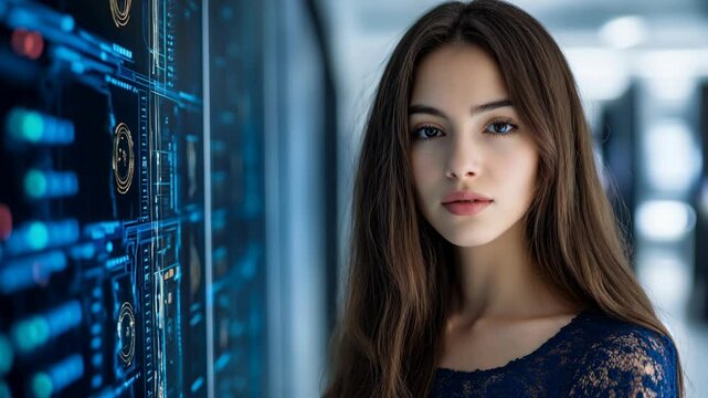 Femme devant un &eacute;cran technologique. Woman in front of a technological screen.