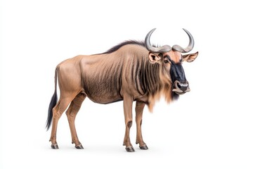 A detailed wildebeest on a clear background, ideal for wildlife-themed designs and educational resources showcasing African savannah animals and their natural environments.