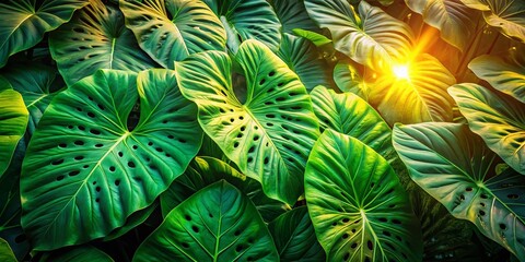 Fototapeta premium Aerial View of Lush Green Taro Plantation with Large Holey Leaves