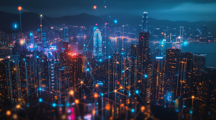 Fototapeta premium Smart digital Innovation city with connection network reciprocity over the cityscape. of future smart wireless city and social media networking systems that connects business people with in city