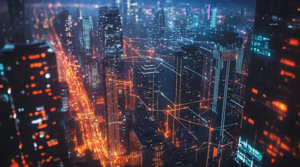 Obraz premium Smart digital Innovation city with connection network reciprocity over the cityscape. of future smart wireless city and social media networking systems that connects business people with in city