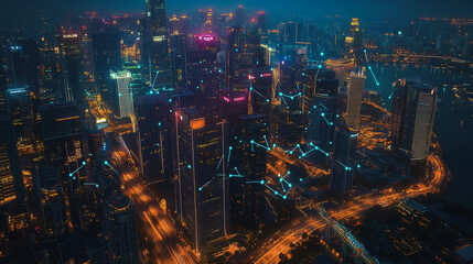 Fototapeta premium Smart digital Innovation city with connection network reciprocity over the cityscape. of future smart wireless city and social media networking systems that connects business people with in city