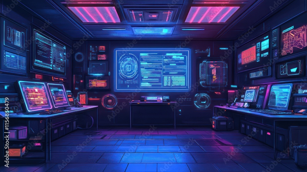 Poster futuristic server room with glowing screens and computers.