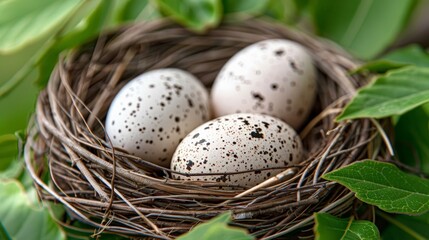 Fototapeta premium A close-up of a nest containing speckled eggs, surrounded by fresh green foliage, symbolizing new life.
