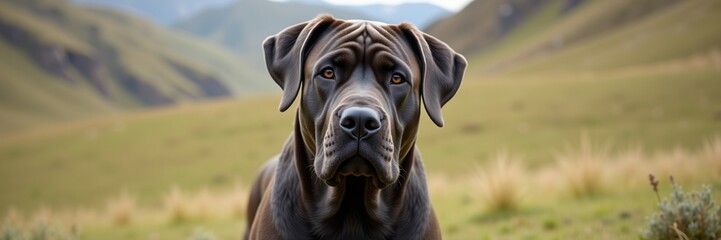 Stoic Cane Corso gaze against a breathtaking backdrop of rolling hills captures strength and serenity of this noble breed