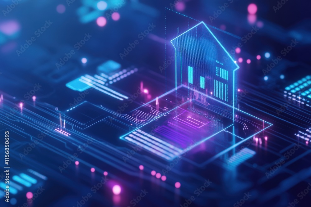 Poster futuristic digital home concept with neon lights and circuit board elements representing smart home 
