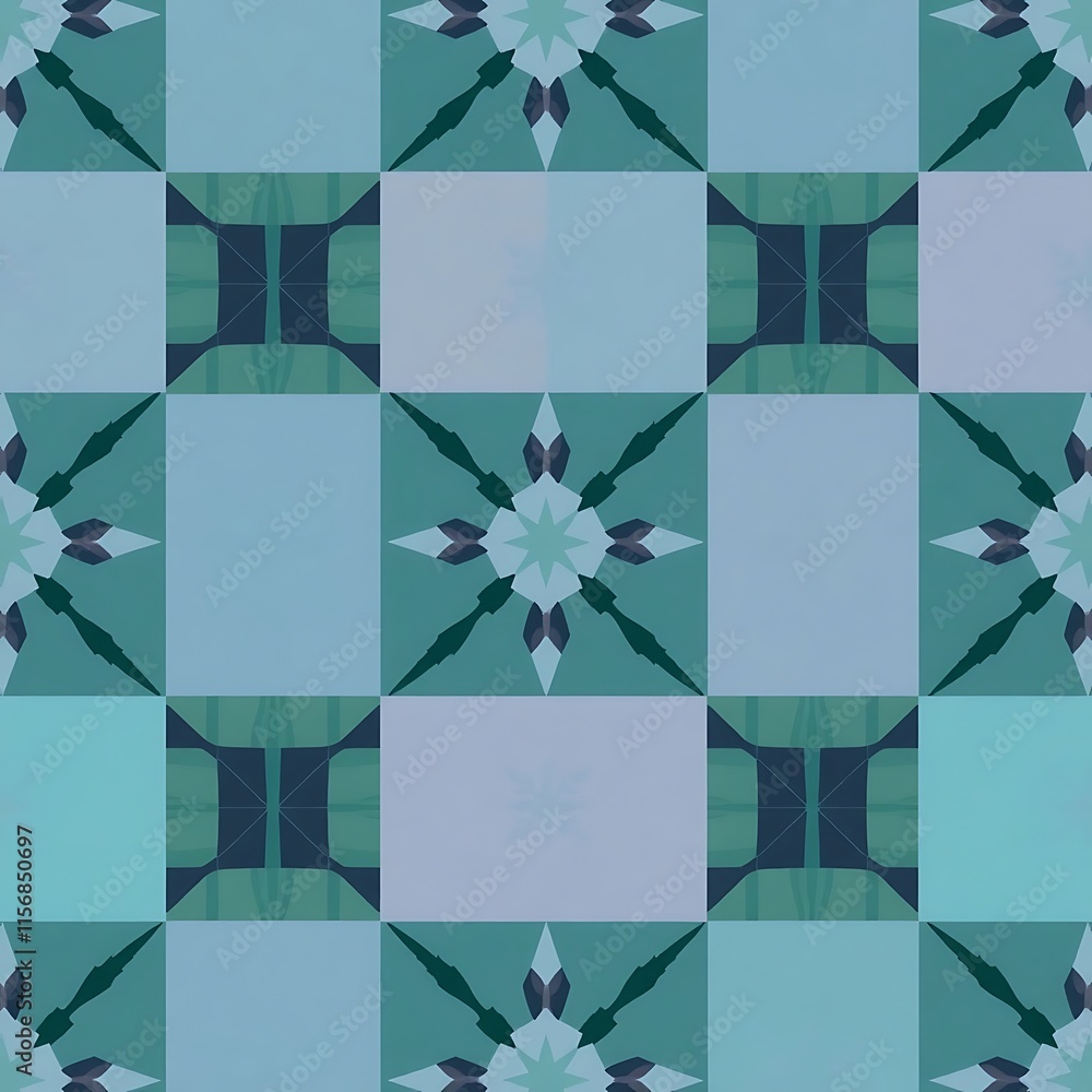 Poster abstract geometric pattern: a mesmerizing pattern of teal and blue squares, adorned with intricate f