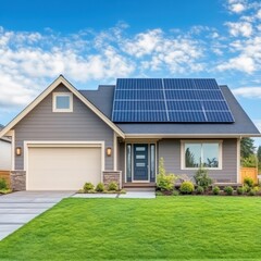Fototapeta premium Modern Energy-Efficient Home with Solar Panels and Lush Lawn Under Blue Sky in Bright Daylight, Sustainable Architecture and Green Living Concept
