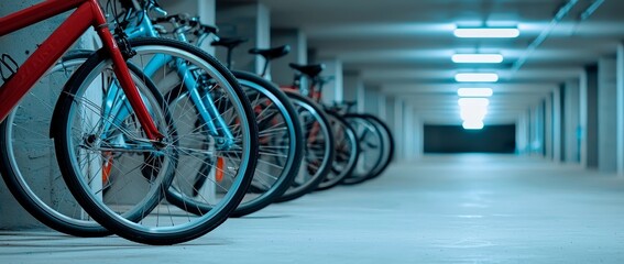 Bicycles lined up in an orderly fashion under a canopy, showcasing sustainable travel and city life.