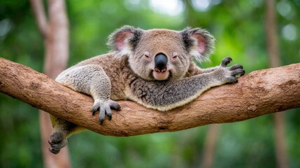 A happy koala grips a tree trunk with a cheerful look and extended paws, ideal for wildlife, nature-themed projects, and conservation campaigns.