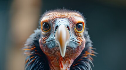 Fototapeta premium A vivid close-up of an endangered California Condor, showcasing its unique facial features and plumage against a blurred background.
