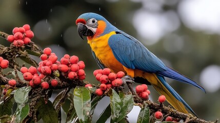 Vibrant blue-and-gold macaw perched on a branch laden with red berries during a light rain.