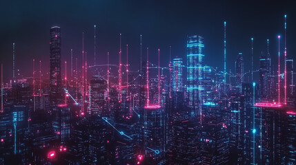 Fototapeta premium Smart digital Innovation city with connection network reciprocity over the cityscape. of future smart wireless city and social media networking systems that connects business people with in city