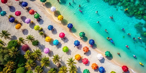 Fototapeta premium Aerial View of Vibrant Tropical Beach with Colorful Umbrellas