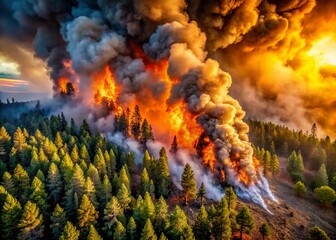 Aerial View of Wildfire Sparks, Burning Landscape,  Dramatic Smoke Plumes, Forest Fire Ignition