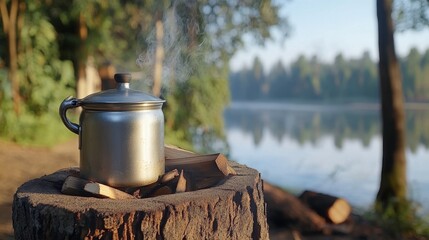 Steam Rising from Stainless Steel Pot on Log by Tranquil Lake Surrounded by Lush Trees in Early Morning Light, Nature's Serenity Captured in Perfect Harmony