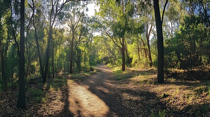 Fototapeta premium Sunlit Path Winding Through Lush Green Woodland: Wide Shot Photo. AI Generated