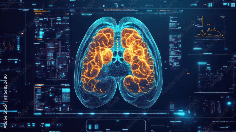Poster digital brain scan on futuristic interface.