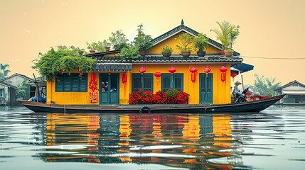 Obraz premium flat design, illustration, The Floating Market: Exploring new flavors in a local market