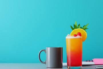 Post vacation blues sadness stress feeling. Tropical drinks on a sandy beach, evoking a serene summer vibe in a picturesque setting.