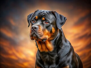Fototapeta premium Alert Rottweiler Dog Standing Guard, Powerful Canine Breed, Copy Space