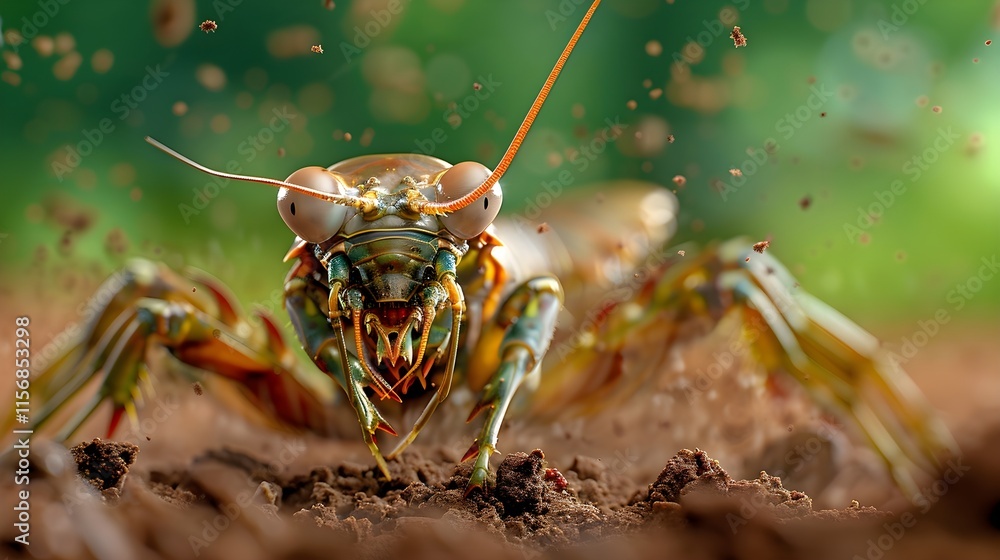 Poster close-up view of colorful insect with unique features in nature