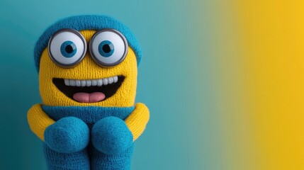 Fototapeta premium Cheerful knitted character in winter outfit against teal and yellow background.