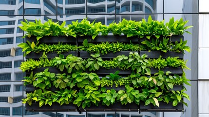 Vertical Garden with Lush Green Plants Against Modern Building