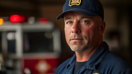 Obraz premium Close-up Photo: Resolute Firefighter Poses Pensively, Fire Truck Blurred Background. AI Generated