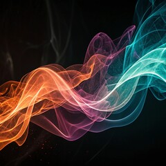 Intricate digital smoke trails in neon hues of orange, teal, and magenta, forming dynamic wave patterns