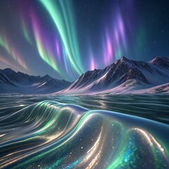 Fototapeta premium Waves of reflective molten metal blending with aurora-inspired colors like blue, green, and purple