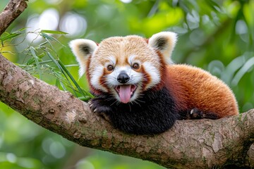 A delightful red panda sticks its tongue out while eating bamboo. A close-up highlights the furry face with its tongue extended. The red panda nibbles on bamboo shoots in its natural surroundings.