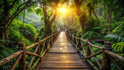 Fototapeta premium Ancient Jungle Footbridges: A Network of Wooden Bridges Connecting a Lush Rainforest Ecosystem
