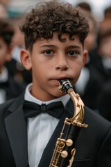 Fototapeta premium National Youth Day.Portrait of a young red-haired violinist in a formal white shirt and bow tie during a performance.