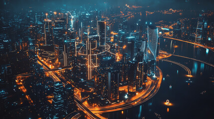 Fototapeta premium Smart digital Innovation city with connection network reciprocity over the cityscape. of future smart wireless city and social media networking systems that connects business people with in city