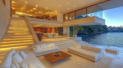 Fototapeta premium Elegant waterfront villa, with stairs and living area at dusk.