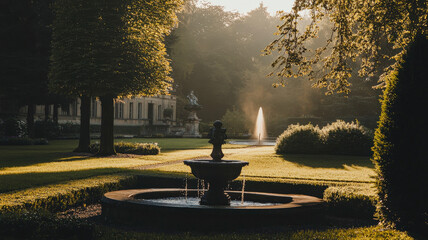 Traditional French chateau with manicured gardens, fountains, sculptures. Soft morning light. Elegant, romantic.