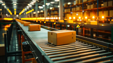 Boxes moving on a conveyor belt in a factory, showcasing industrial automation, organization, and efficient production processes