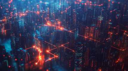 Obraz premium Smart digital Innovation city with connection network reciprocity over the cityscape. of future smart wireless city and social media networking systems that connects business people with in city