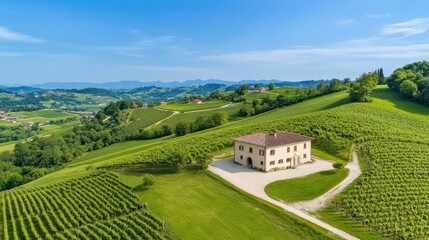 Scenic Aerial View of Idyllic Countryside Home Surrounded by Lush Green Vineyards Under Clear Blue Skies in a Beautiful Rural Landscape